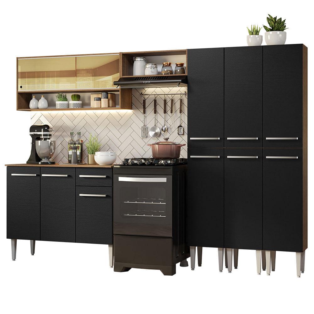 Cocina Integral Emilly Madesa 261cm Marrón/Negro con Encimera y Puertas Corredizas de Vidrio Reflex