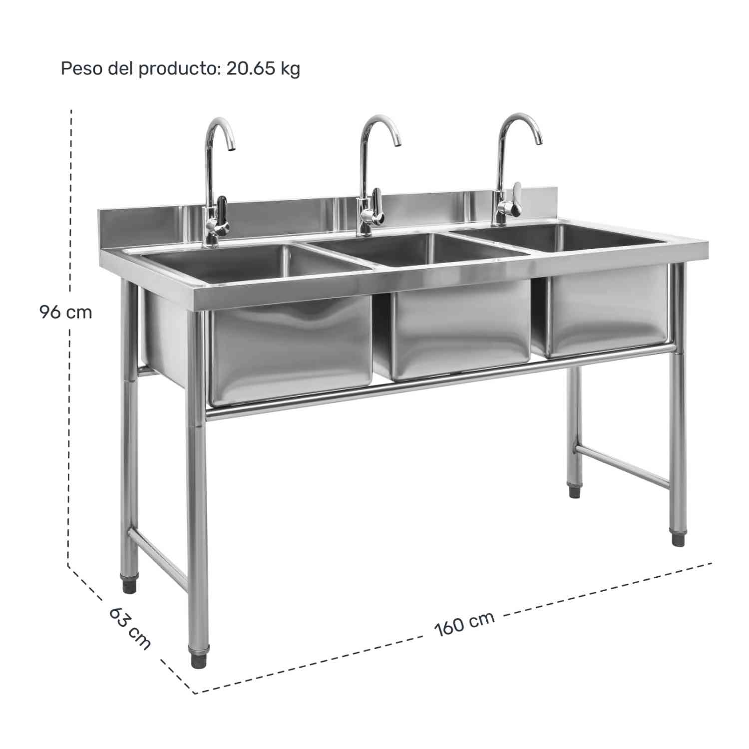 Foto 7 pulgar | Tarja 3 Tinas Fregadero Industrial Acero Inox 160x63x96cm Gutstark Home