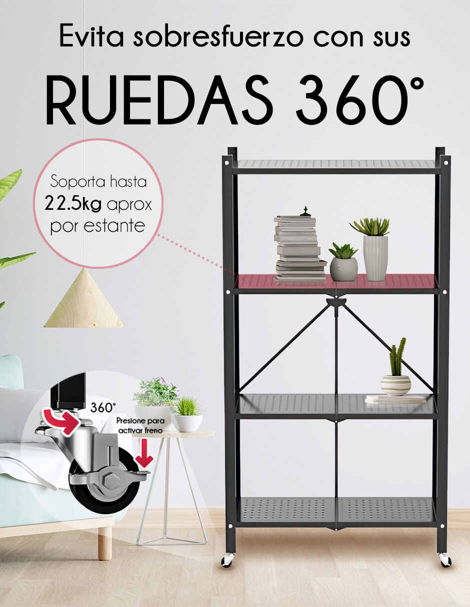 Foto 4 pulgar | Estante Red Velvet Negro Plegable Abatible de Acero 4 Niveles con Ruedas