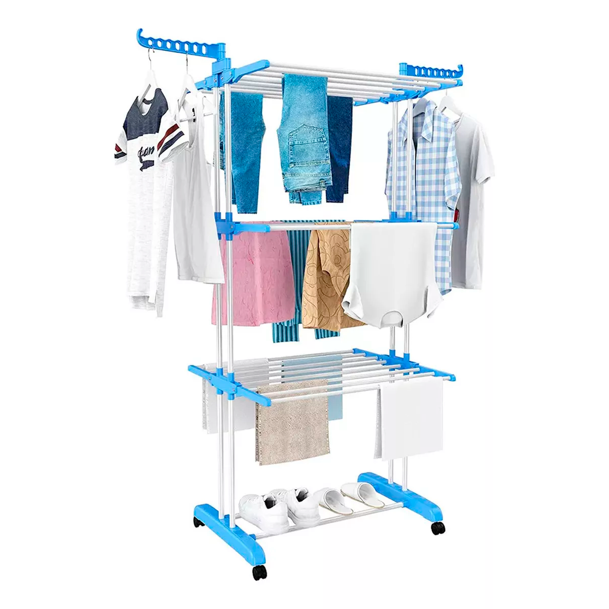 Foto 2 pulgar | Tendedero Plegable De Ropa Portátil Retráctil Rack Perchero Organizador 3 Niveles Con Ruedas Multifuncional Color Azul