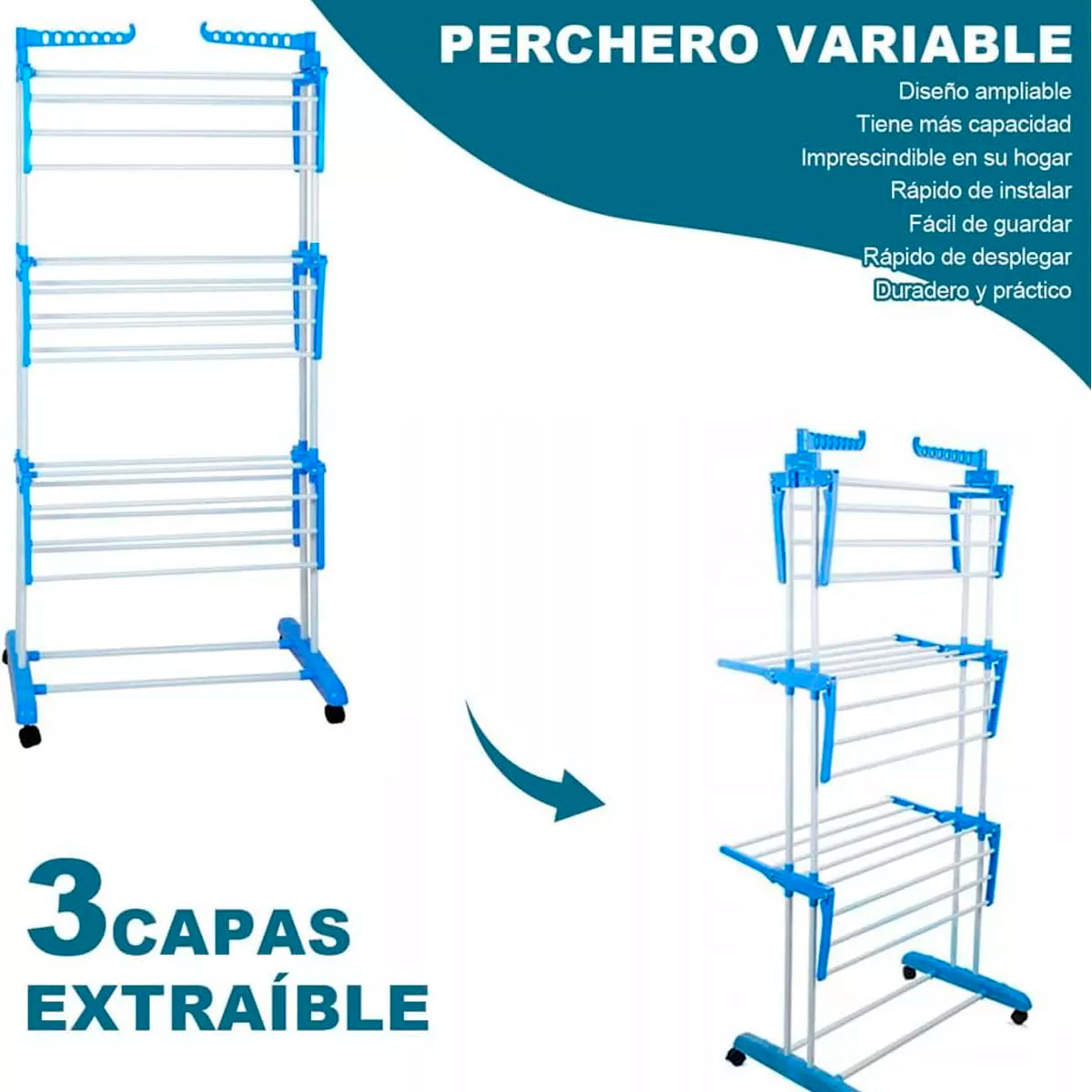Foto 3 pulgar | Tendedero Plegable De Ropa Portátil Retráctil Rack Perchero Organizador 3 Niveles Con Ruedas Multifuncional Color Azul