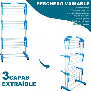 Foto 2 | Tendedero Plegable De Ropa Portátil Retráctil Rack Perchero Organizador 3 Niveles Con Ruedas Multifuncional Color Azul