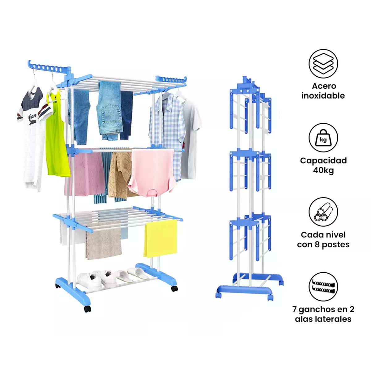 Foto 4 pulgar | Tendedero Plegable De Ropa Portátil Retráctil Rack Perchero Organizador 3 Niveles Con Ruedas Multifuncional Color Azul
