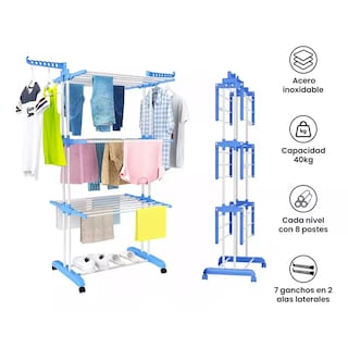 Foto 3 | Tendedero Plegable De Ropa Portátil Retráctil Rack Perchero Organizador 3 Niveles Con Ruedas Multifuncional Color Azul