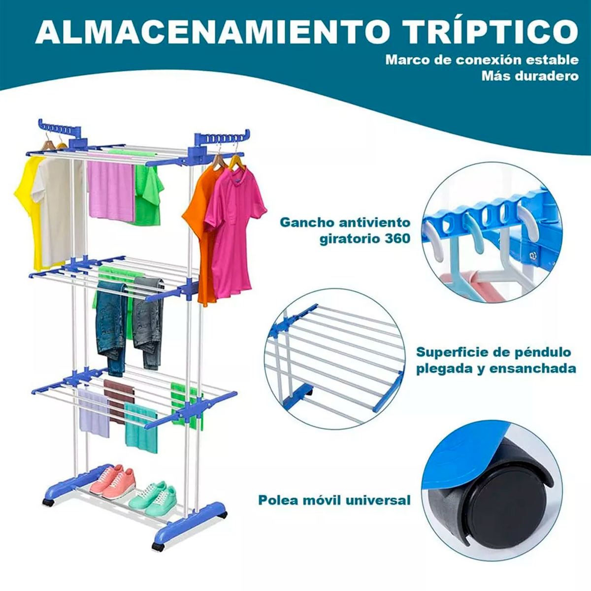 Foto 5 pulgar | Tendedero Plegable De Ropa Portátil Retráctil Rack Perchero Organizador 3 Niveles Con Ruedas Multifuncional Color Azul