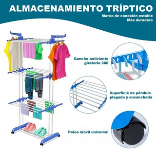 Foto 4 | Tendedero Plegable De Ropa Portátil Retráctil Rack Perchero Organizador 3 Niveles Con Ruedas Multifuncional Color Azul