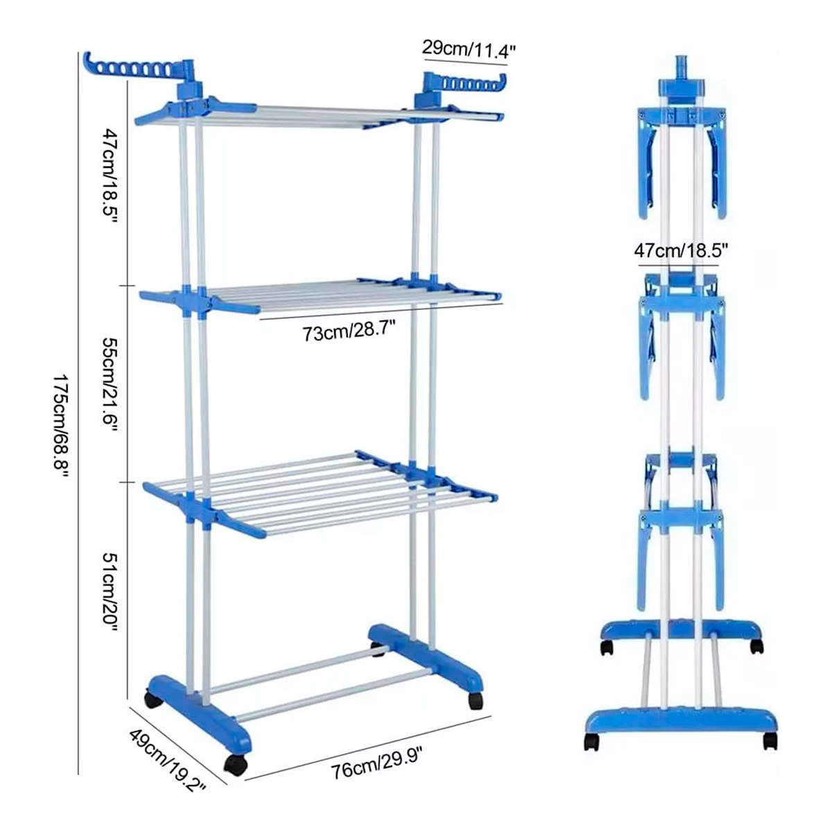Foto 6 pulgar | Tendedero Plegable De Ropa Portátil Retráctil Rack Perchero Organizador 3 Niveles Con Ruedas Multifuncional Color Azul