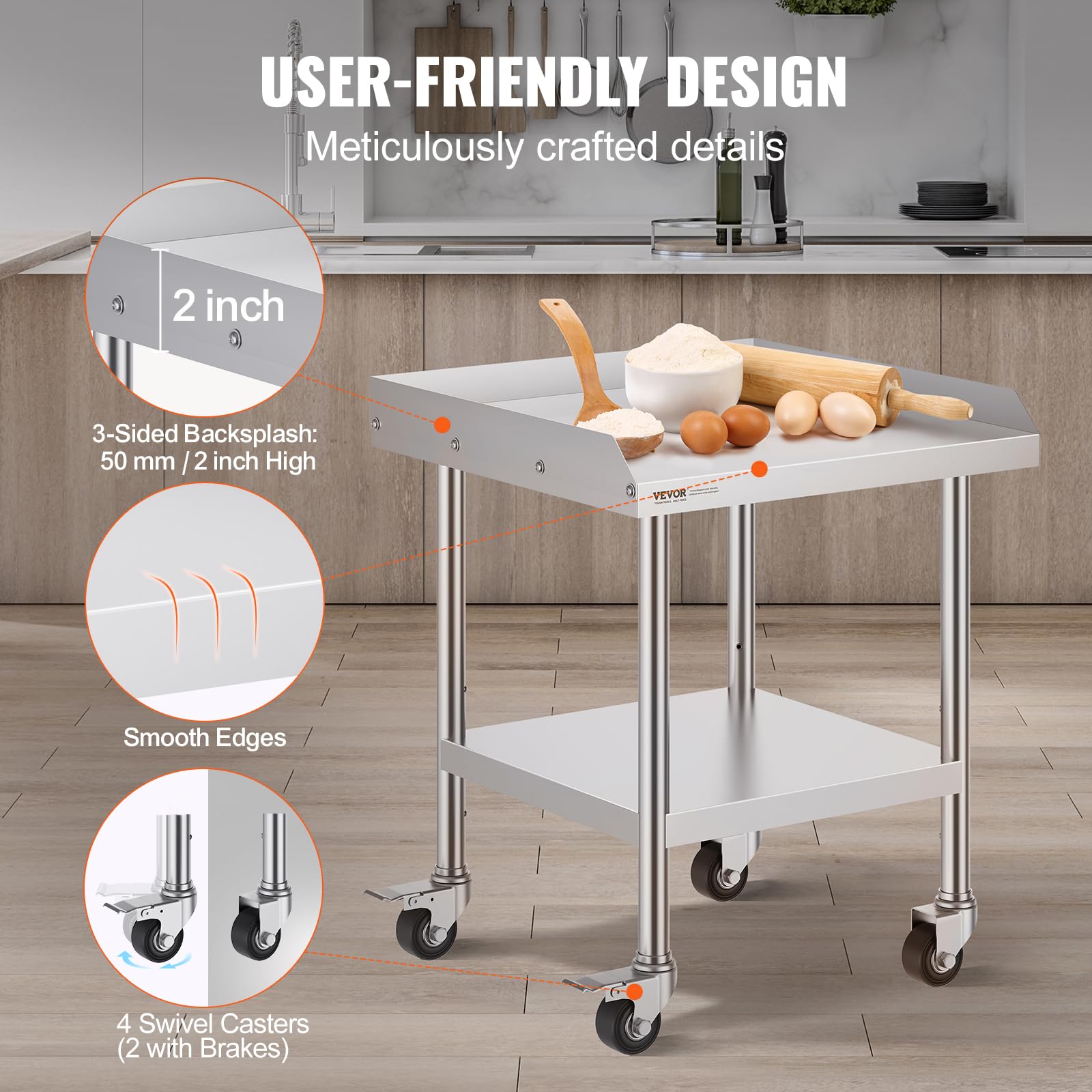 Foto 5 pulgar | Mesa De Trabajo Vevor De Acero Inoxidable 60x60x76 Cm Con Ruedas - Venta Internacional.