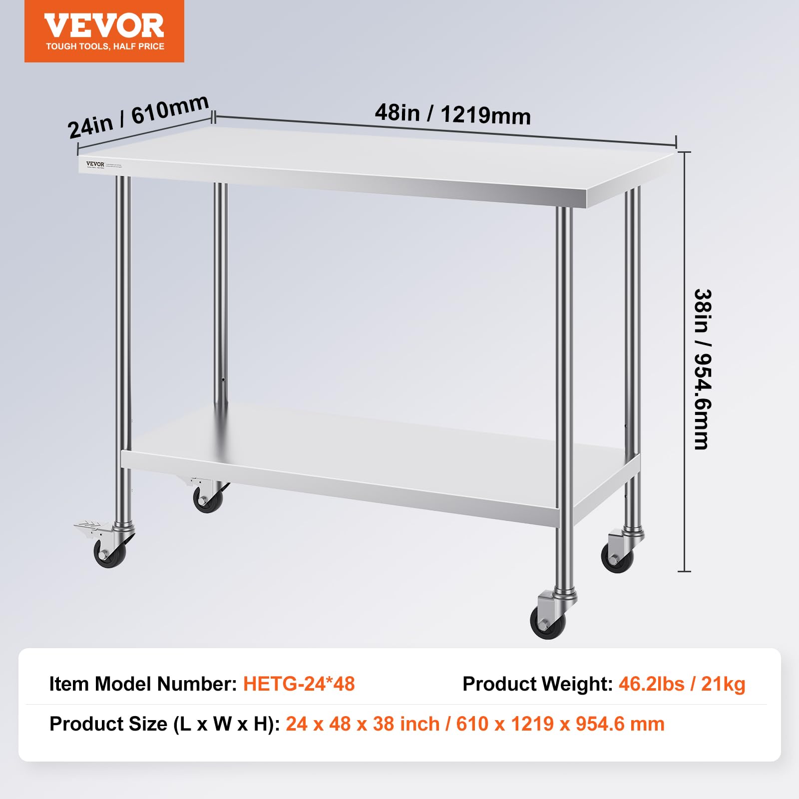 Foto 7 | Mesa De Trabajo Vevor De Acero Inoxidable 60x120x96 Cm Con Ruedas - Venta Internacional.