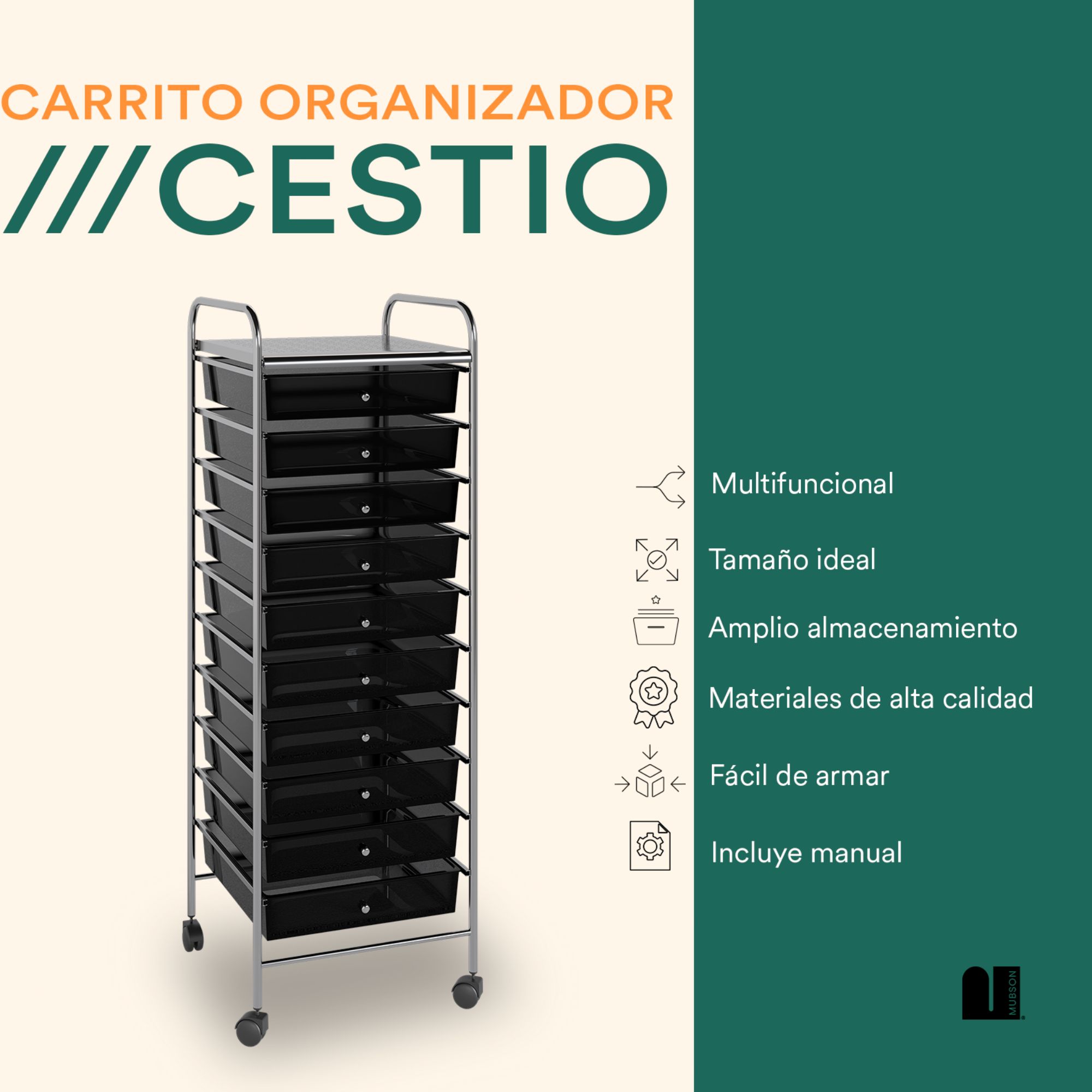 Foto 3 pulgar | Carrito Organizador Mubson Cestio color Negro 10 Cajones