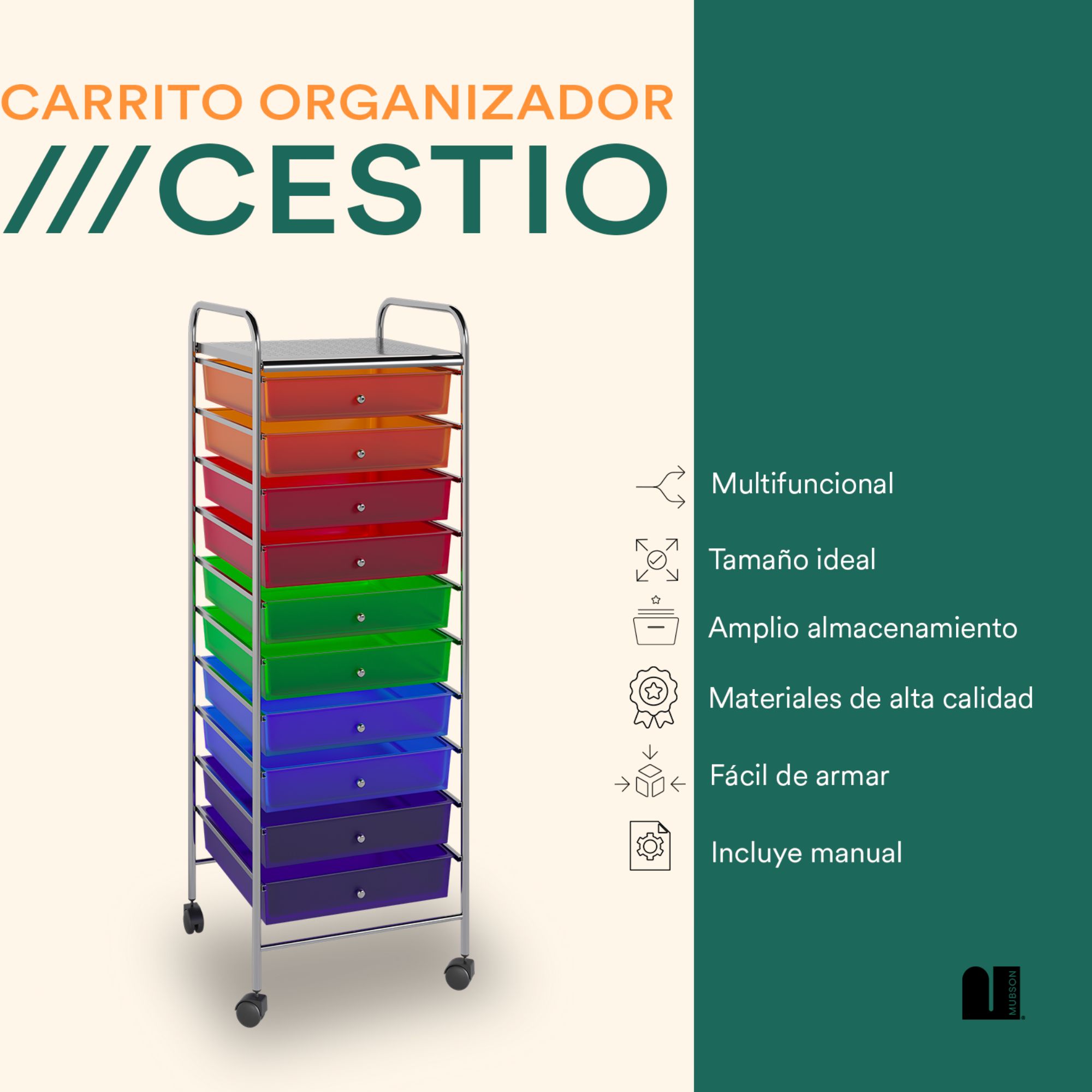 Foto 2 | Carrito Organizador Mubson Cestio Multicolor 10 Cajones