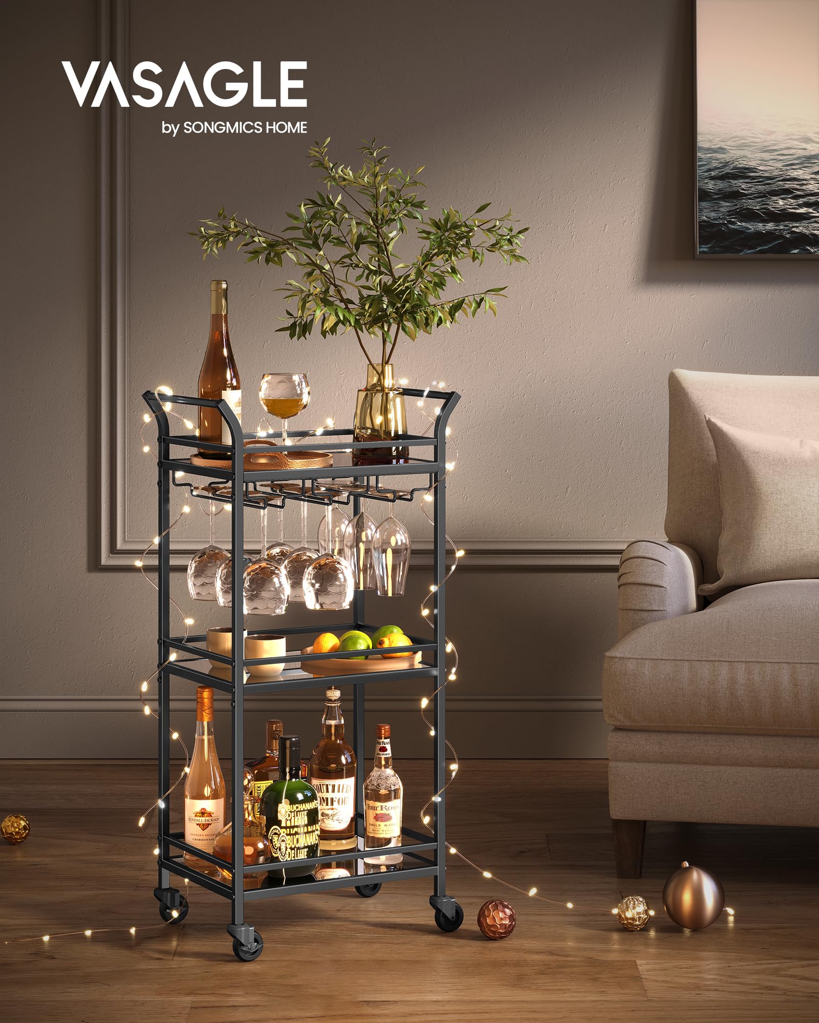 Foto 3 pulgar | Bar Cart Vasagle Home Bar Serving Con Estante De 3 Niveles, Tinta Negra