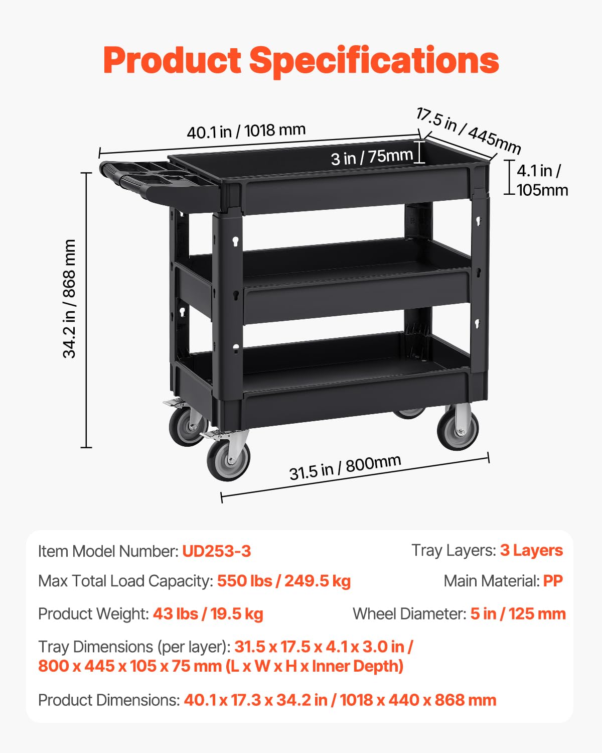 Foto 8 pulgar | Carrito Utilitario Vevor De Plástico De 3 Niveles Con Capacidad De 250 Kg Con Ruedas Giratorias - Venta Internacional.