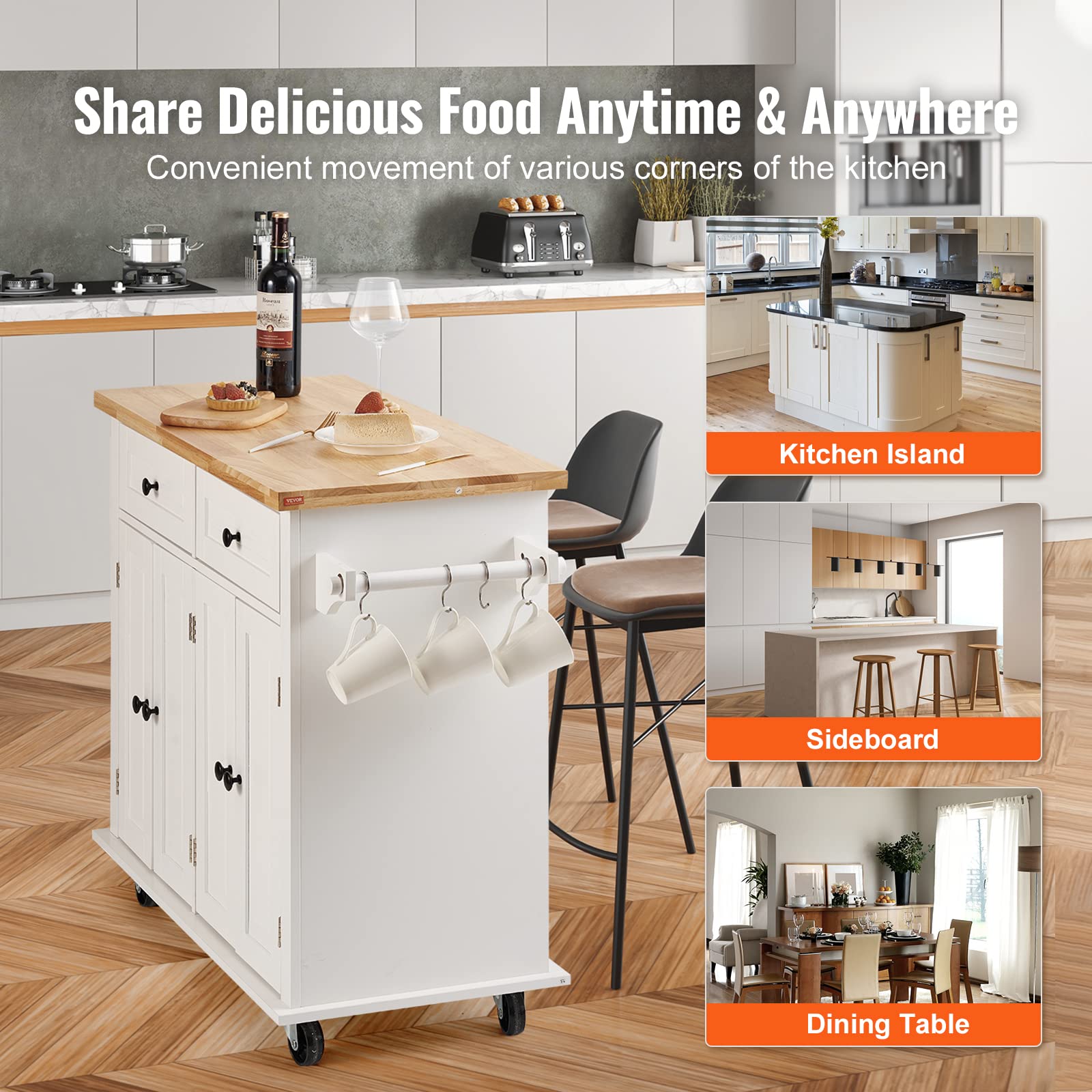Foto 6 pulgar | Carrito Con Isla De Cocina Vevor Con Tapa De Madera Maciza, 90 Cm, Blanco - Venta Internacional.