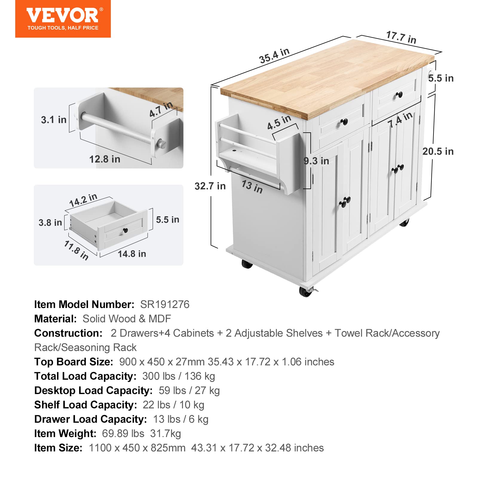 Foto 8 pulgar | Carrito Con Isla De Cocina Vevor Con Tapa De Madera Maciza, 90 Cm, Blanco - Venta Internacional.
