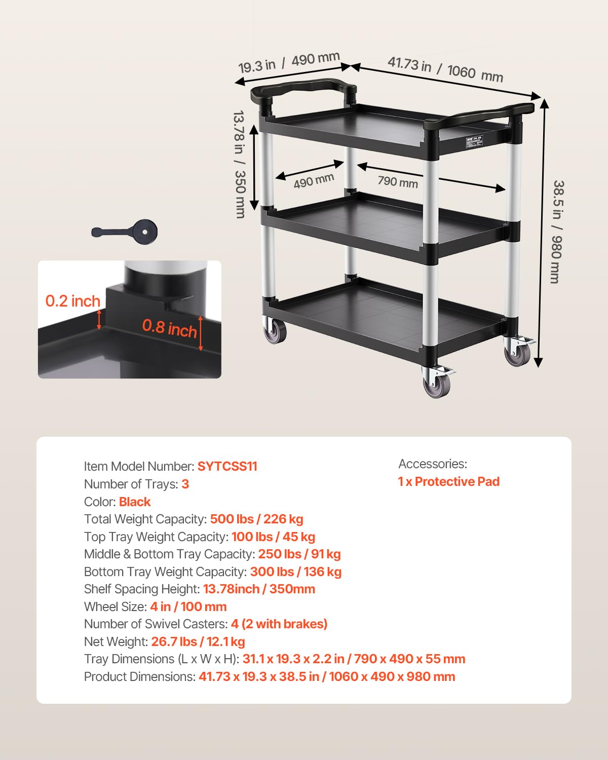 Foto 8 pulgar | Carrito Utilitario Vevor, 500 Libras, Carga 3 Niveles, Plástico Con Ruedas 31.1 X 19.3 - Venta Internacional.