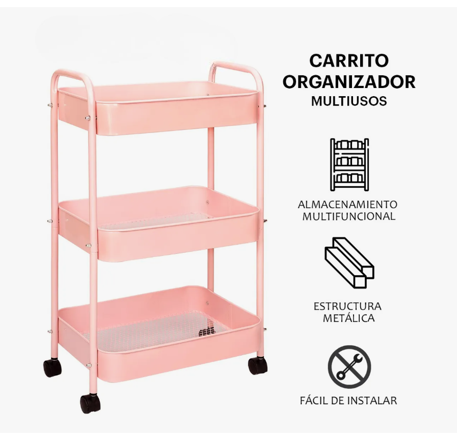 Foto 3 pulgar | Carrito Organizador De Metal Transportador Metálico Ruedas Rosa