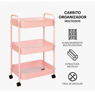 Foto 2 | Carrito Organizador De Metal Transportador Metálico Ruedas Rosa