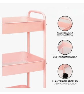 Foto 3 | Carrito Organizador De Metal Transportador Metálico Ruedas Rosa