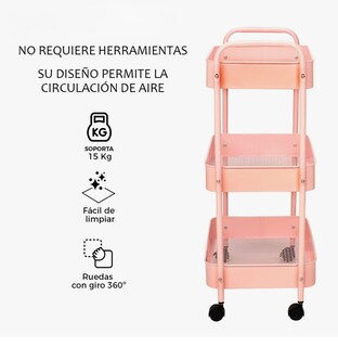 Foto 4 | Carrito Organizador De Metal Transportador Metálico Ruedas Rosa