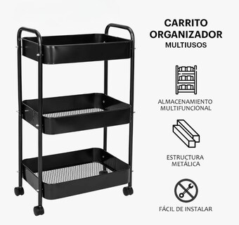 Foto 3 | Carrito Organizador De Metal Transportador Metálico Ruedas Negro