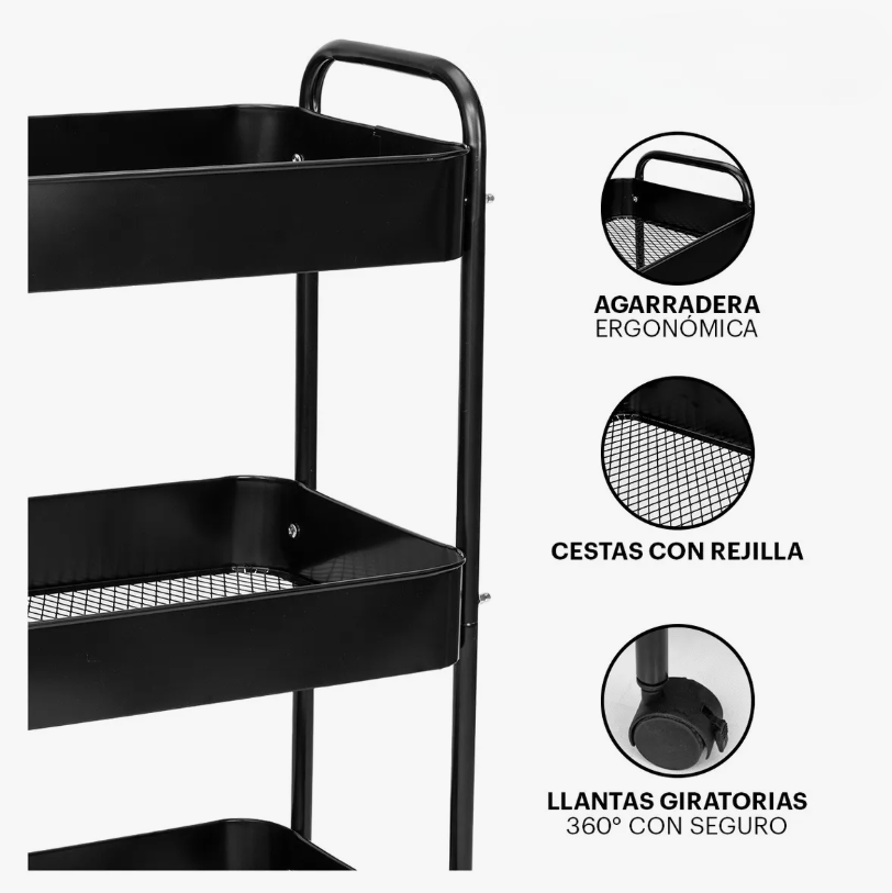 Foto 4 | Carrito Organizador De Metal Transportador Metálico Ruedas Negro