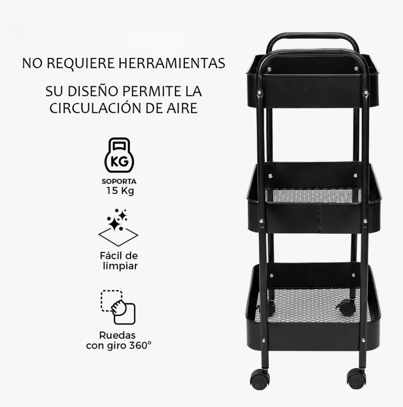 Foto 5 | Carrito Organizador De Metal Transportador Metálico Ruedas Negro