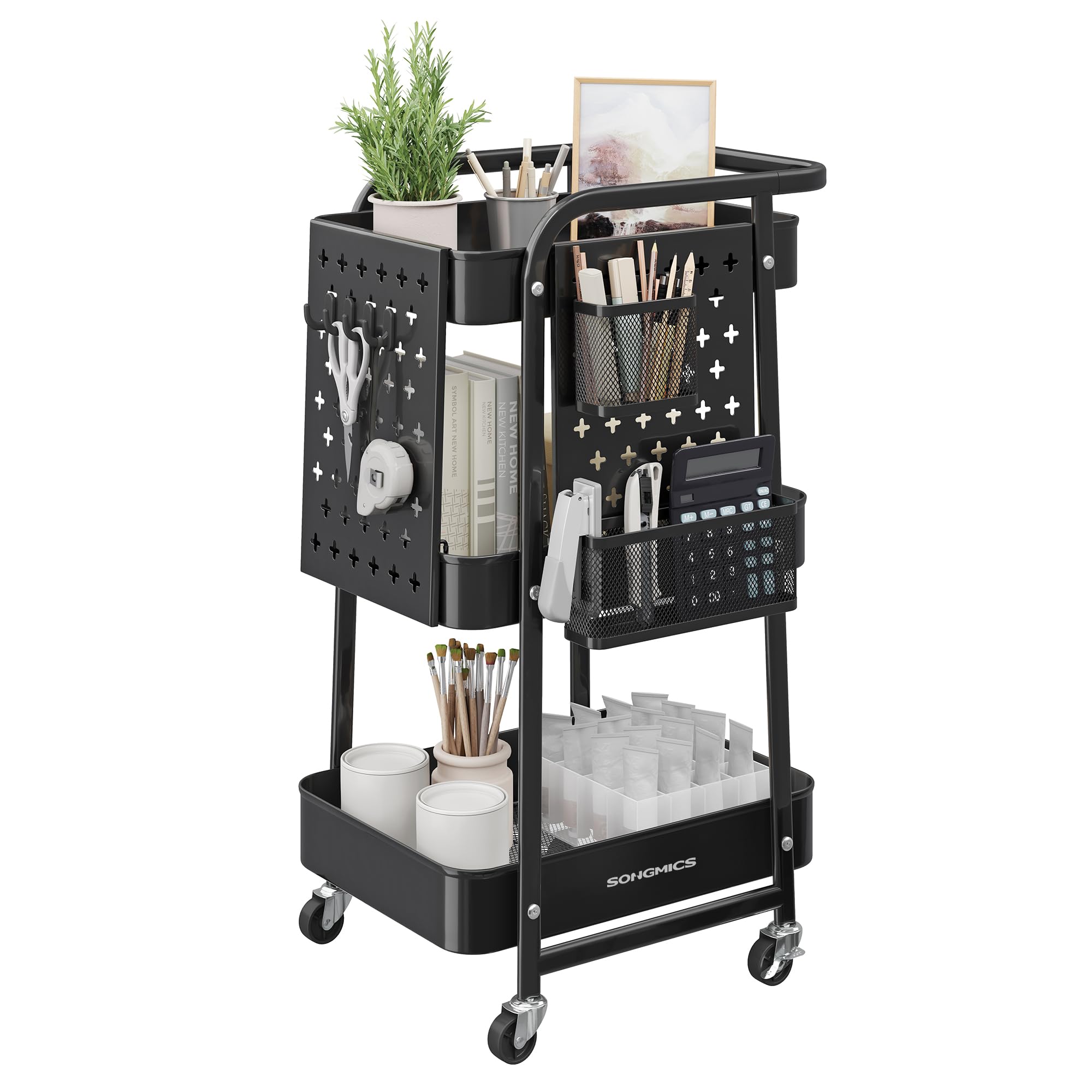 Carrito De Almacenamiento Songmics De 3 Niveles Con Malla Metálica Enrollable, Tinta Negra - Venta Internacional.