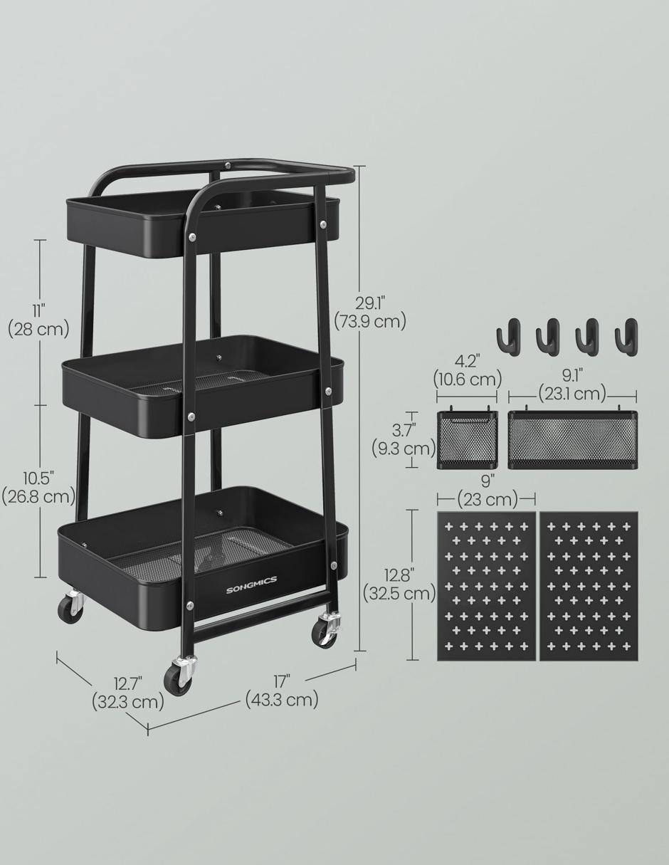 Foto 7 pulgar | Carrito De Almacenamiento Songmics De 3 Niveles Con Malla Metálica Enrollable, Tinta Negra - Venta Internacional.