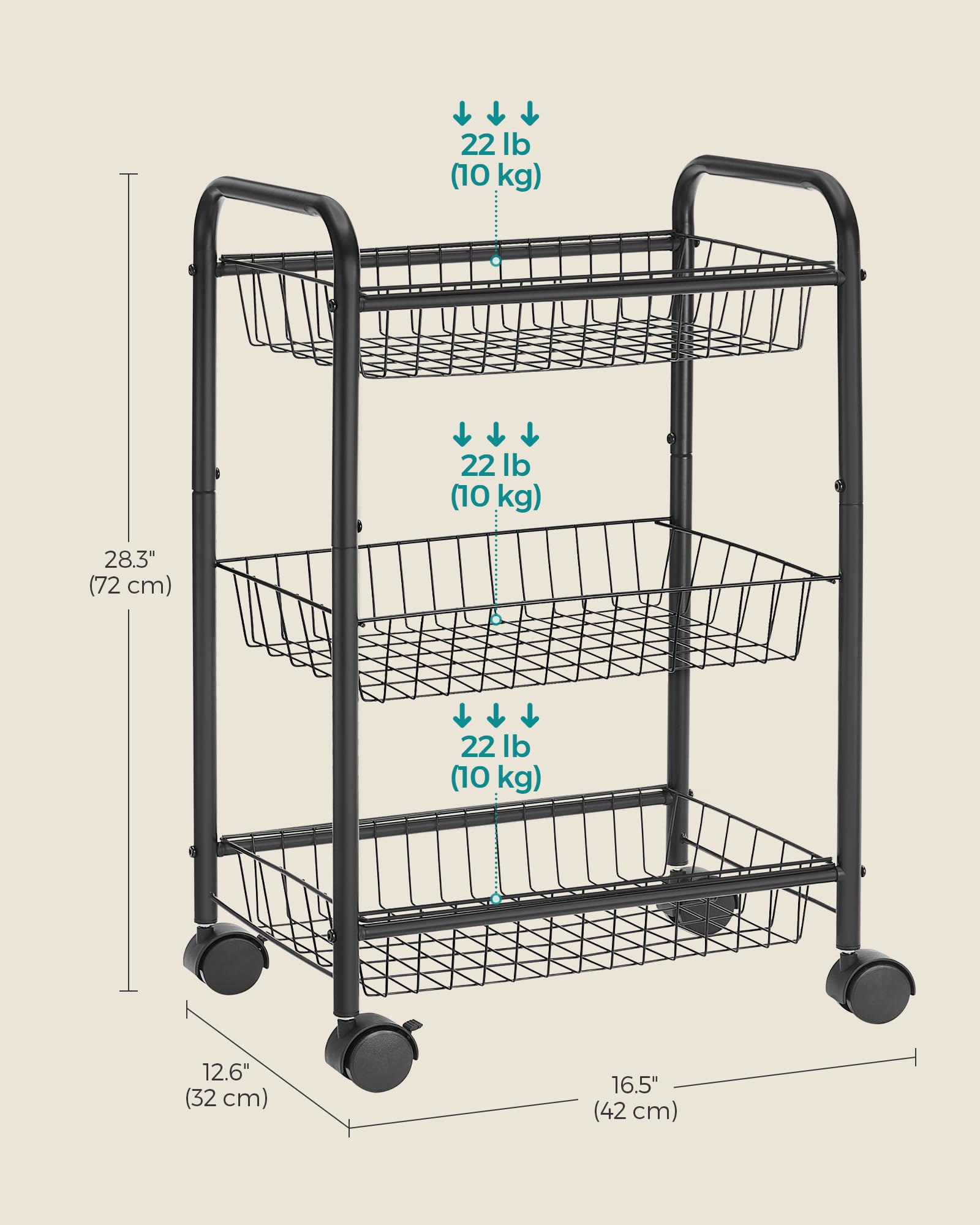 Foto 6 pulgar | Carrito Rodante Songmics Ubsc03bk, Metal, 3 Niveles, Con Cestas, Negro - Venta Internacional.