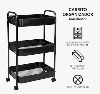 Foto 3 | Carrito Organizador De Metal Transportador Metálico Ruedas Negro