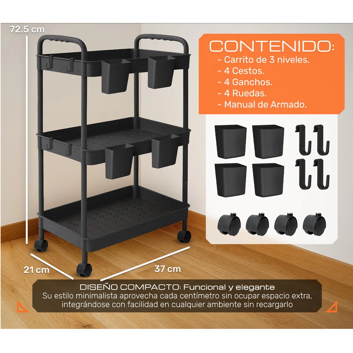 Foto 3 pulgar | Carrito Organizador 3 Niveles 4 Cestos y Ganchos Eo Safe Imports Esi-20635 Negro