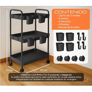 Foto 2 | Carrito Organizador 3 Niveles 4 Cestos y Ganchos Eo Safe Imports Esi-20635 Negro