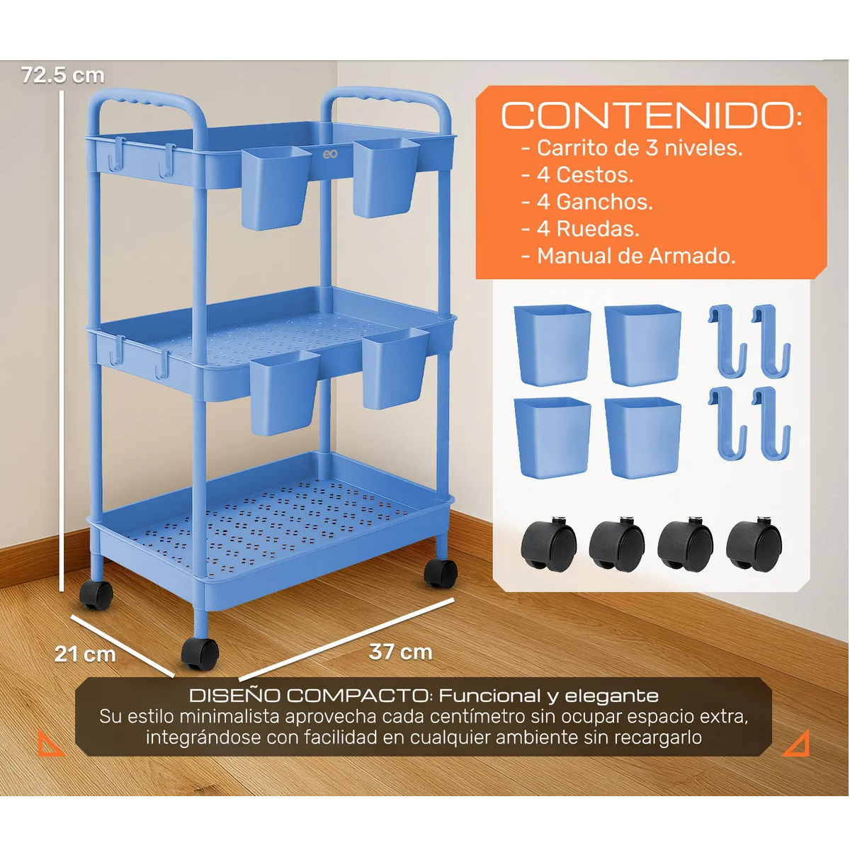 Foto 2 | Carrito Organizador Multiusos 3 Niveles 4 Cestos y Ganchos Eo Safe Imports Esi-20633 Azul