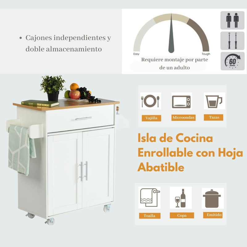 Foto 4 | Carrito De Cocina Madera Blanco Carrito De Almacenamiento gomyhome