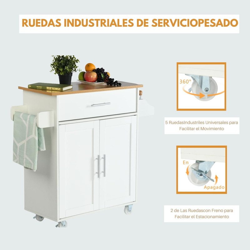 Foto 5 | Carrito De Cocina Madera Blanco Carrito De Almacenamiento gomyhome