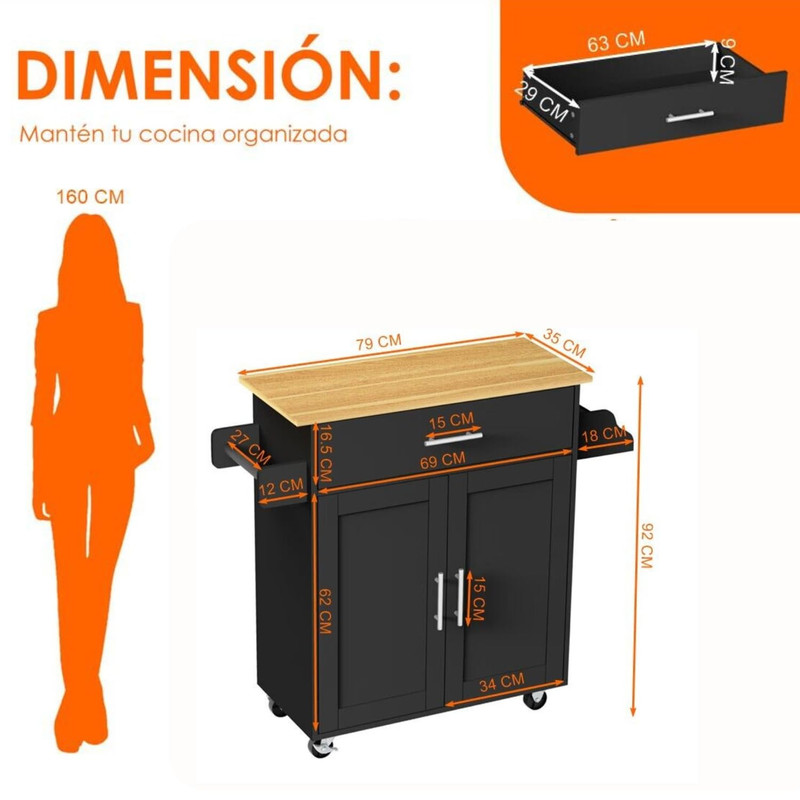Foto 3 pulgar | Carrito De Cocina Madera Negro Carrito De Almacenamiento gomyhome