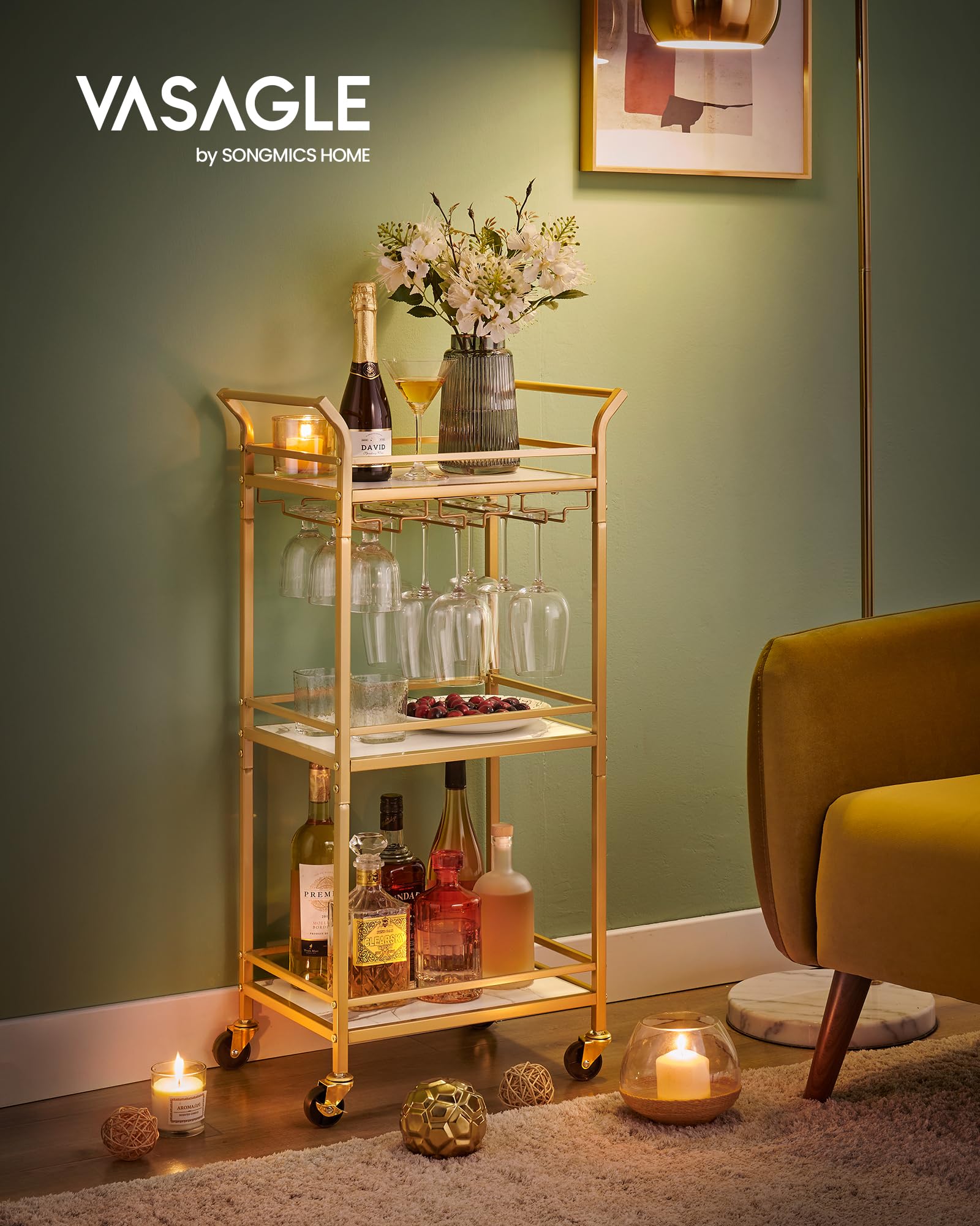 Foto 3 pulgar | Bar Cart Vasagle Home Bar Serving Con Estante De 3 Niveles  Color Dorado Pálido