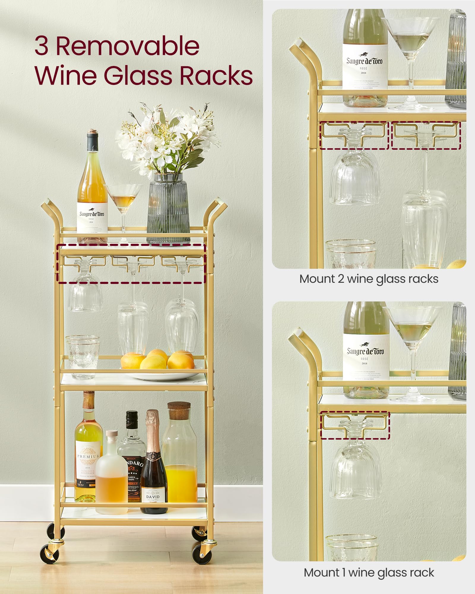 Foto 6 pulgar | Bar Cart Vasagle Home Bar Serving Con Estante De 3 Niveles  Color Dorado Pálido