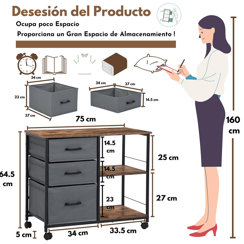 Foto 2 | Archivadores Para Home Office Con 3 Cajones Marron Gomyhome