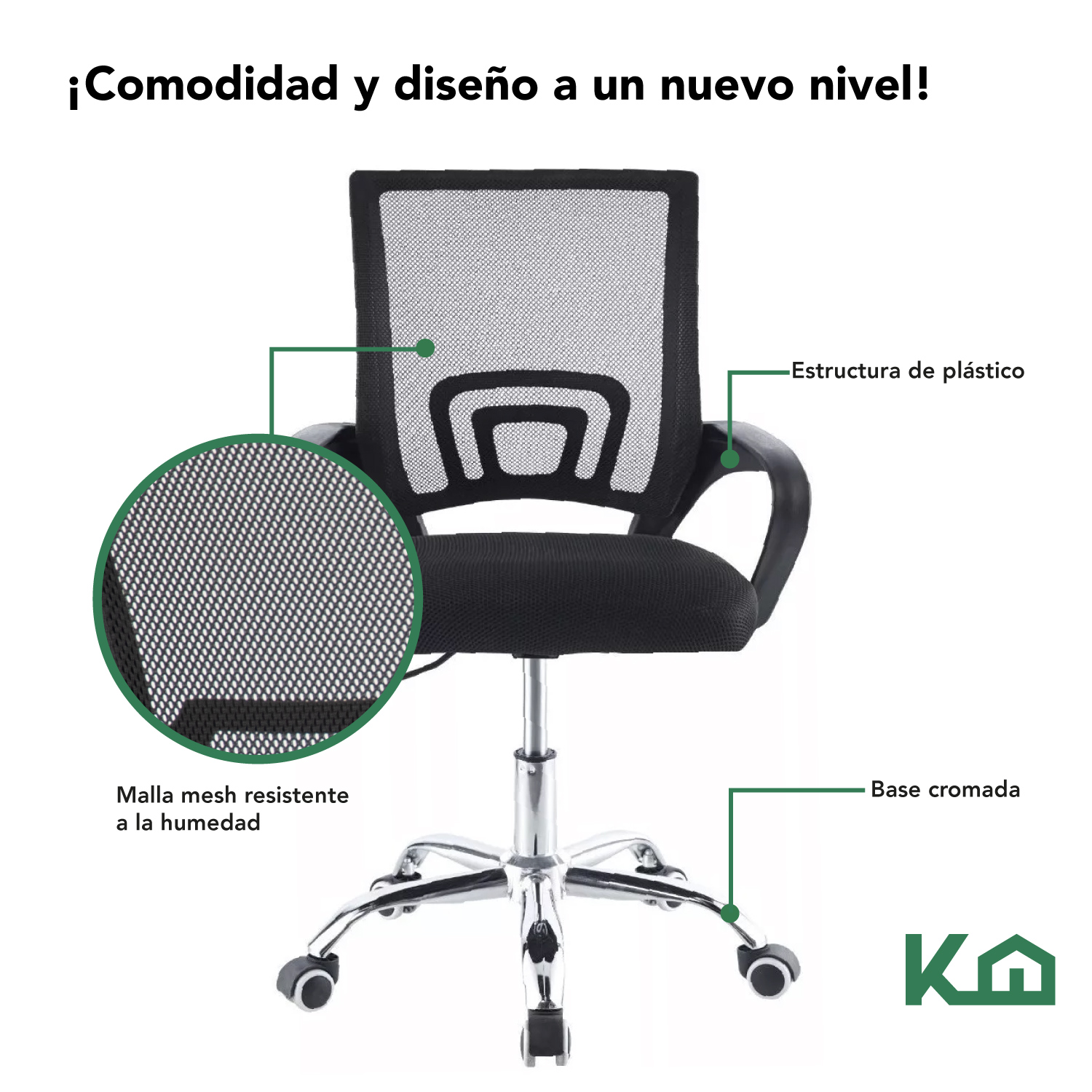 Foto 4 pulgar | Silla de Escritorio KingsHouse Ergonómica Negra Tapizado Mesh Oficina