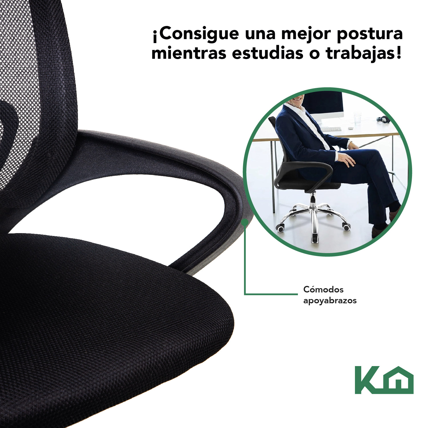 Foto 5 pulgar | Silla de Escritorio KingsHouse Ergonómica Negra Tapizado Mesh Oficina