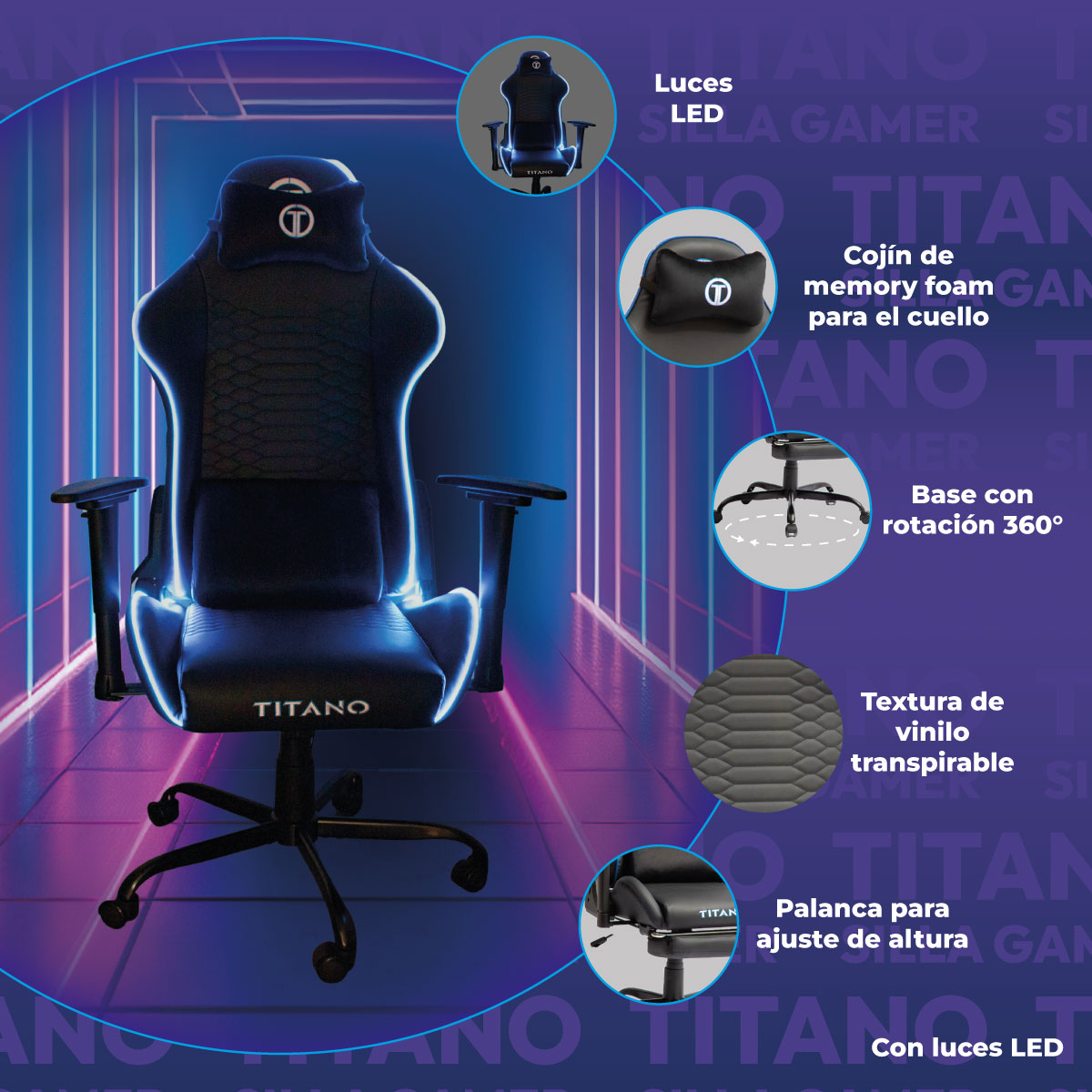 Foto 3 pulgar | Silla Gamer Titano Tt-Ssgsrpl1bl-p color Azul con Luz LED RGB