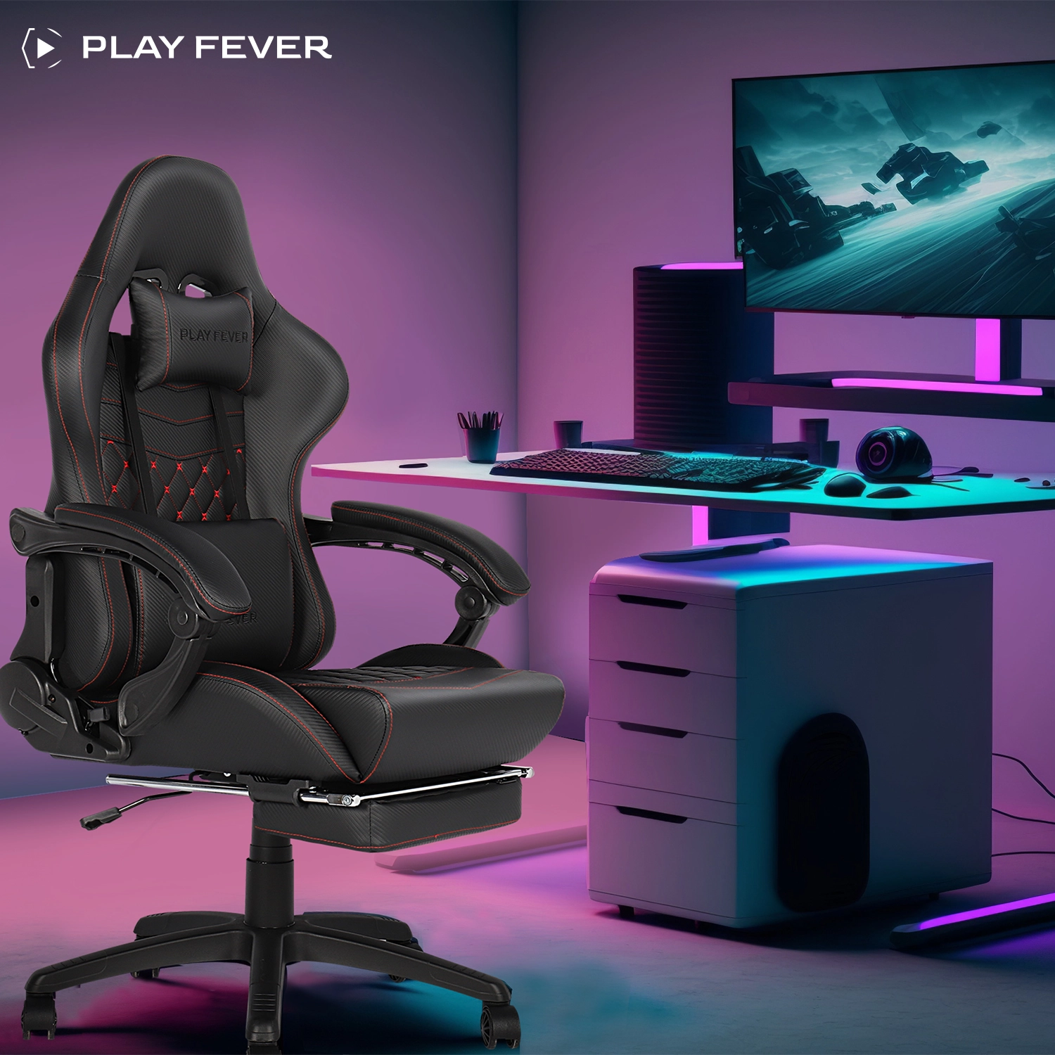 Foto 5 | Silla Gamer Nitrox Play Fever de Piel Sintética con Cojín Lumbar y Reposapiés color Negro