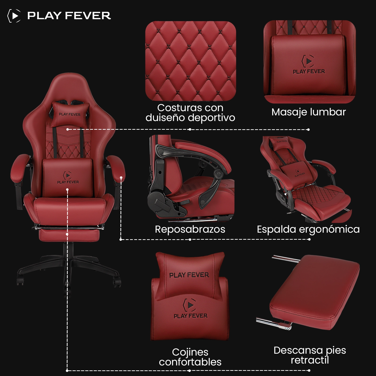 Foto 5 pulgar | Silla Gamer Nitrox Play Fever de Piel Sintética con Cojín Lumbar y Reposapiés de color Rojo