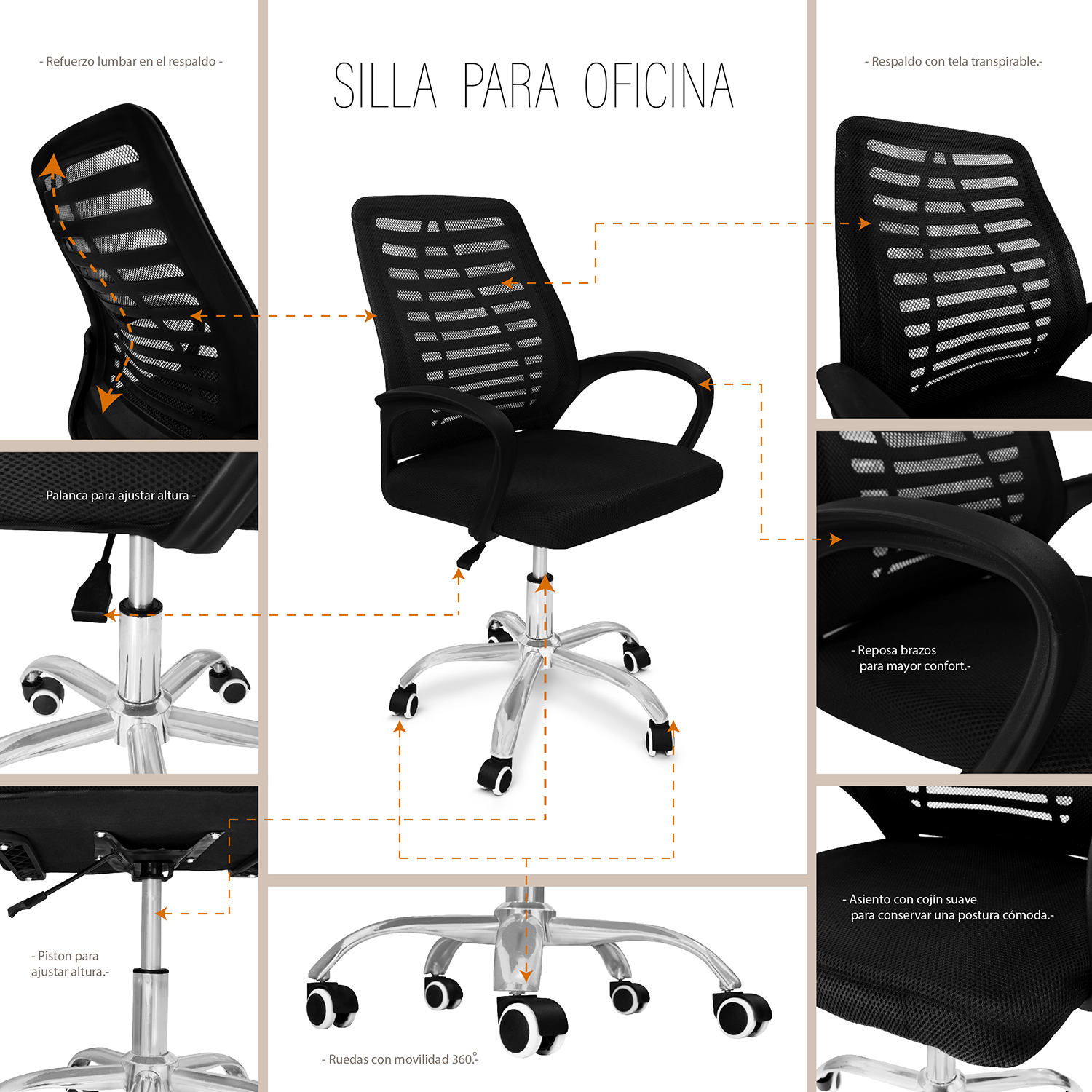 Foto 7 pulgar | Silla Giratoria para Oficina Andromeda Inc color Negro