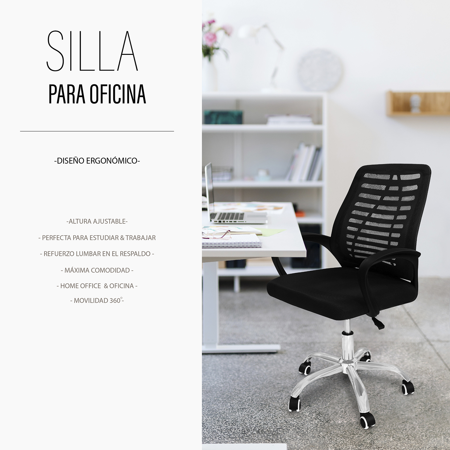 Foto 8 pulgar | Silla Giratoria para Oficina Andromeda Inc color Negro