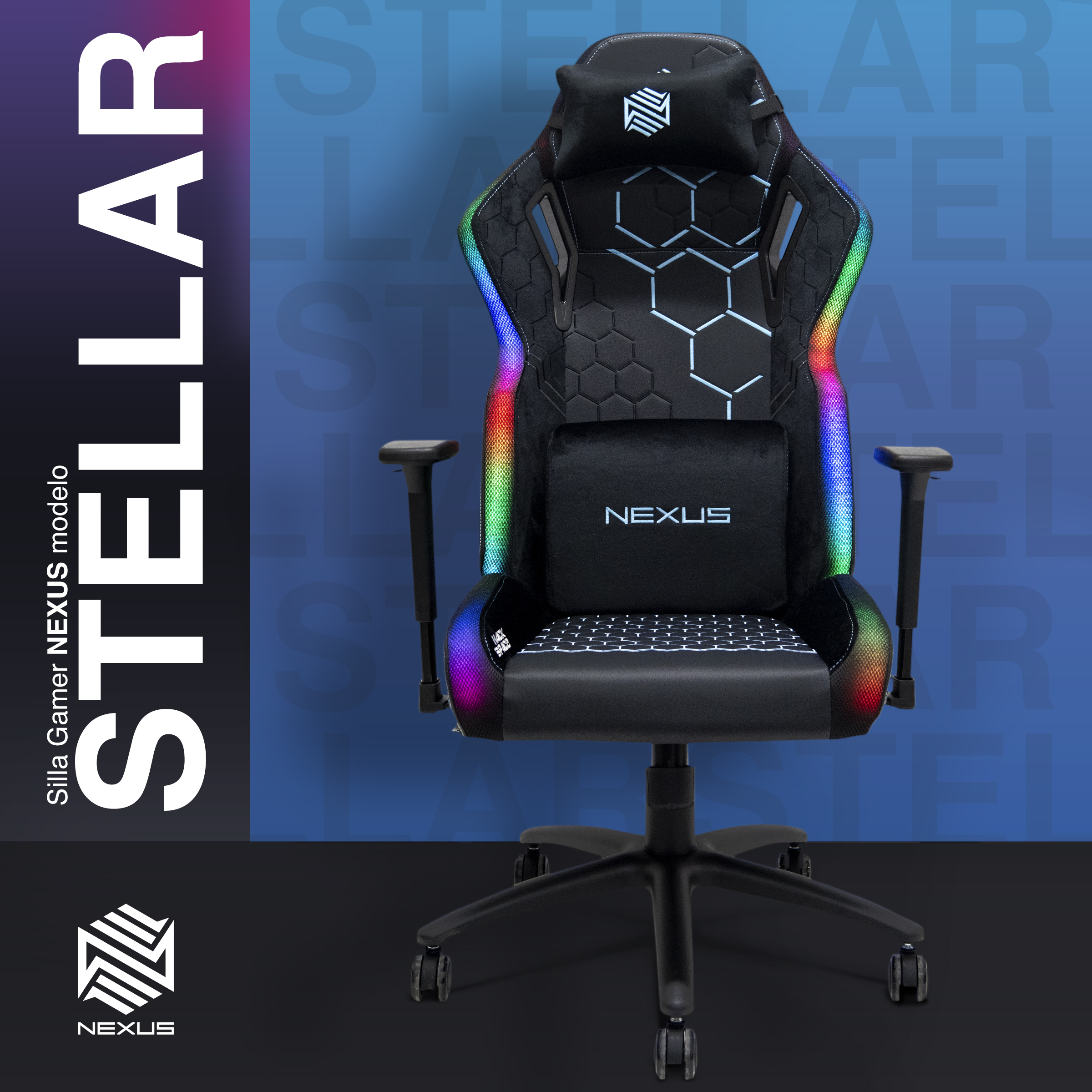 Foto 3 pulgar | Silla Gamer Nexus Stellar Escritorio Oficina Luz Led Rgb (negro/azul)