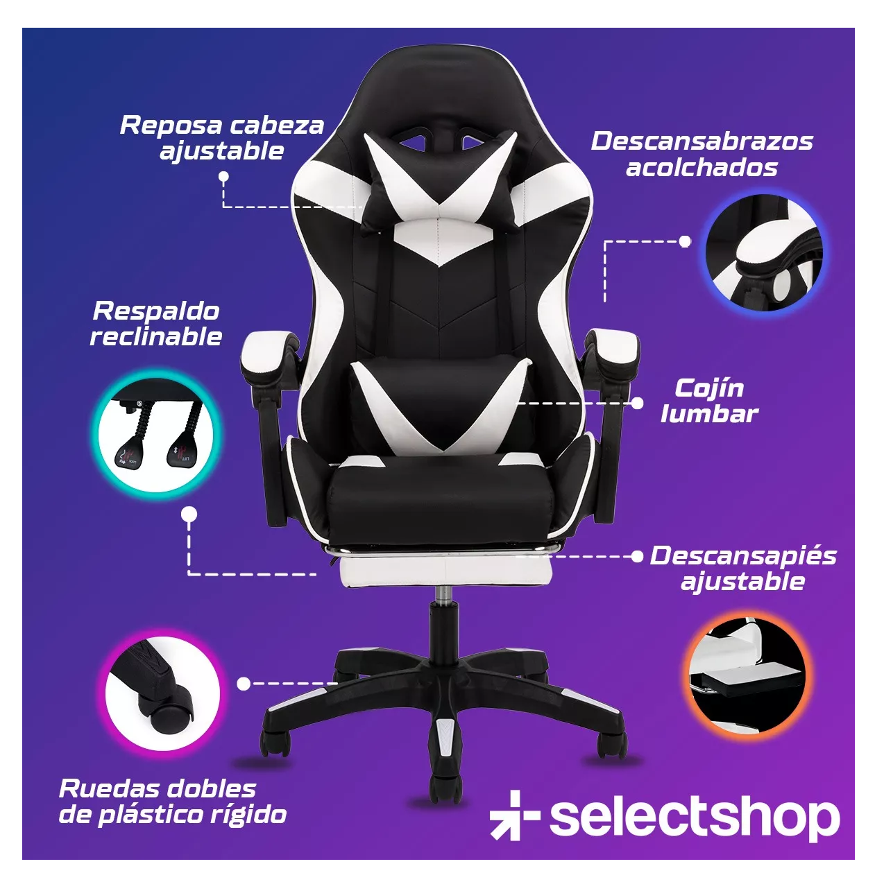 Foto 2 | Silla Gamer Reclinable Giratoria Ergonómica Súper Cómoda Negro/blanco