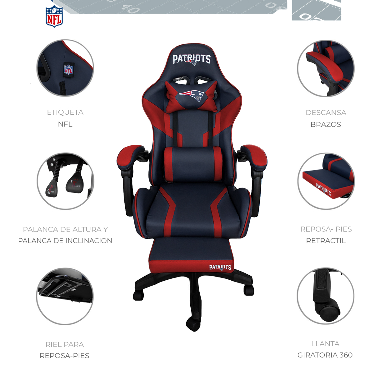 Foto 4 pulgar | Silla Gamer NFL New England Patriots Reclinable Con Reposapiés